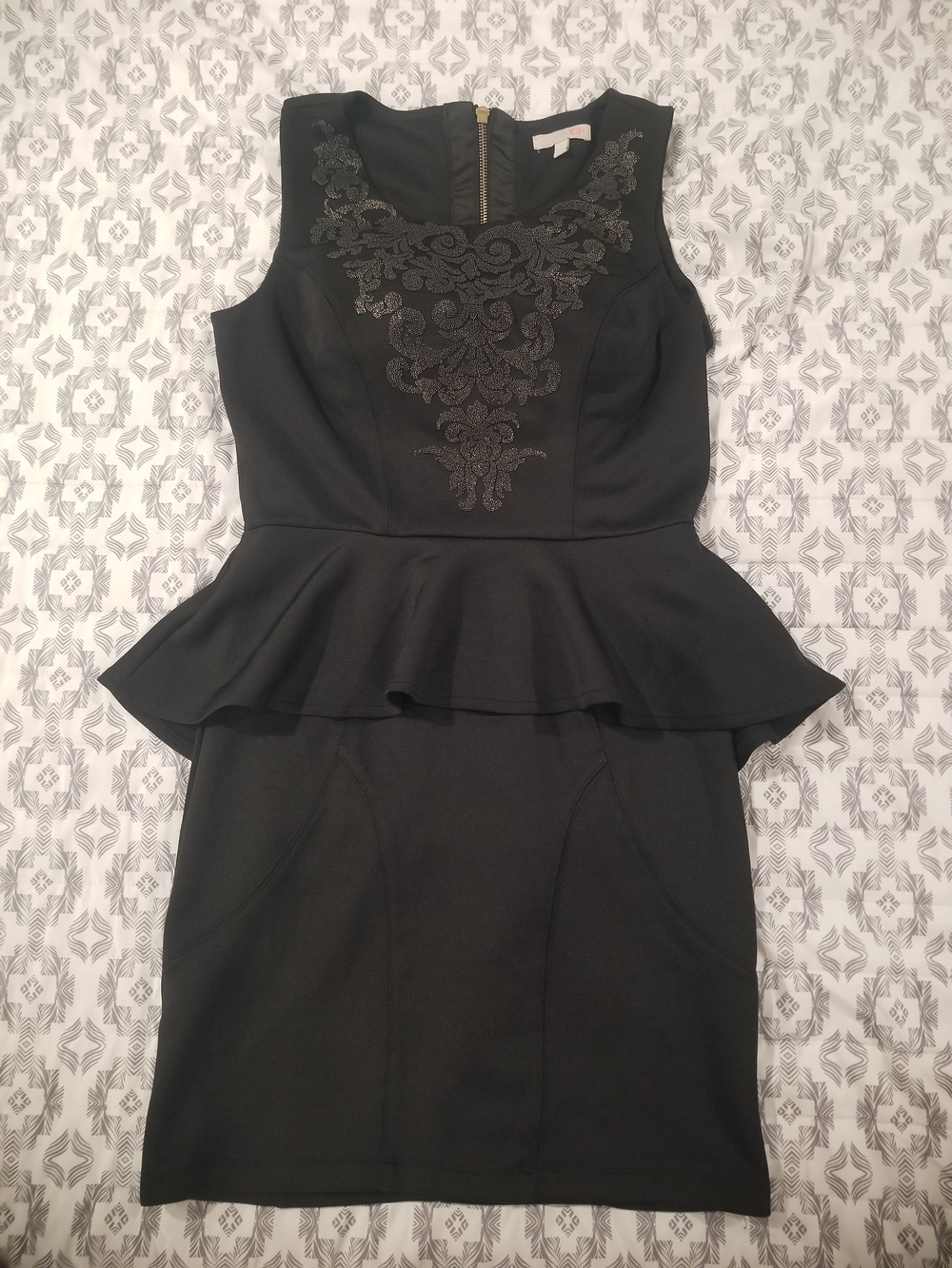 Gianni Bini Black Peplum Sheath Dress with Embroidered Bodice